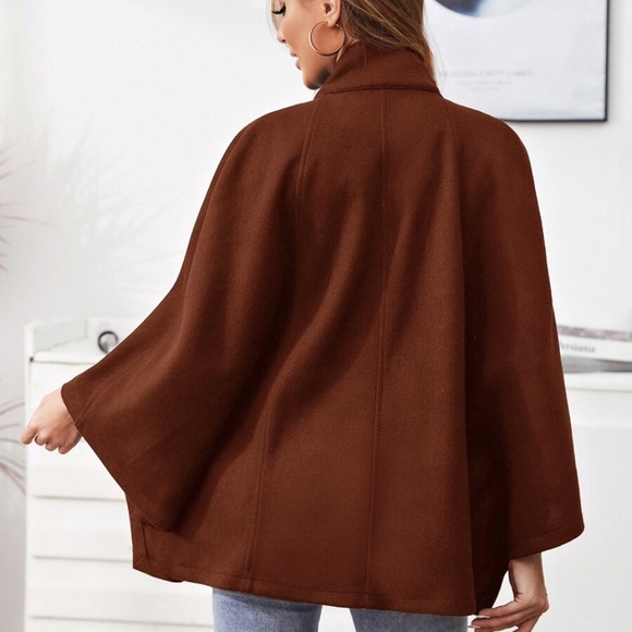 mock neck button cape pea coat cloak sleeve wine - Picture 10 of 10
